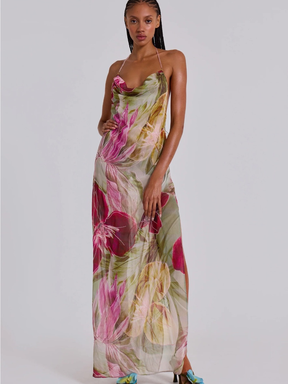 Jaded London Dahlia Beaded Pink & Green Floral Cowl Halter Maxi Dress